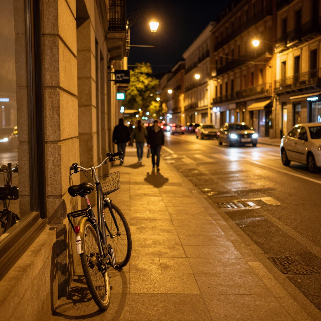 Madrid Night Street Scene with Bicycle and Urban Details in in Madrid, Spain