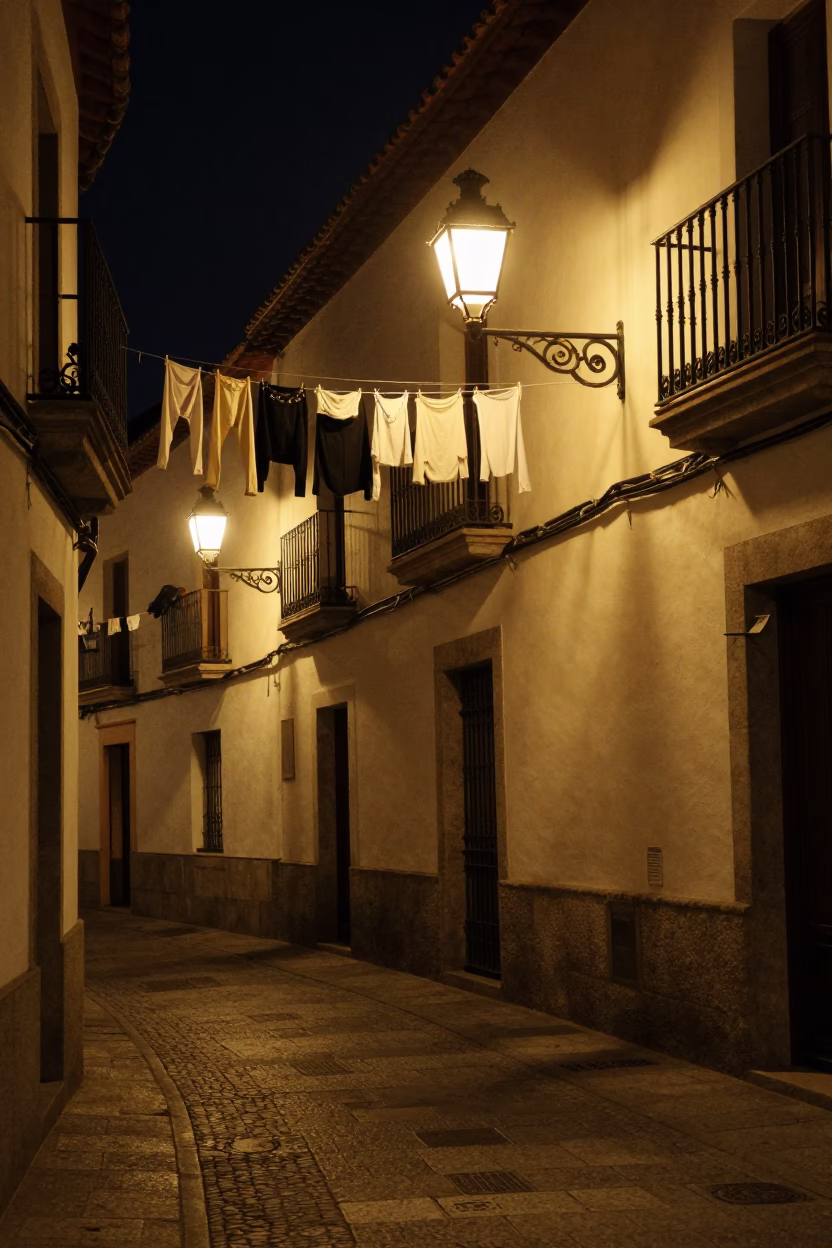 Madrid Night Street Scene With Lantern-Lit Alley and Clothesline Under Deep Night Sky in in Madrid, Spain