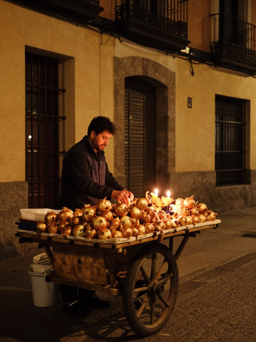 Madrid Night Street Scene with Onion Vendor and Traditional Candelabra Lighting in in Madrid, Spain