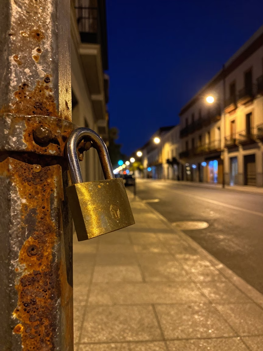 Madrid Night Street Scene with Padlock and Rusty Metal Details in in Madrid, Spain