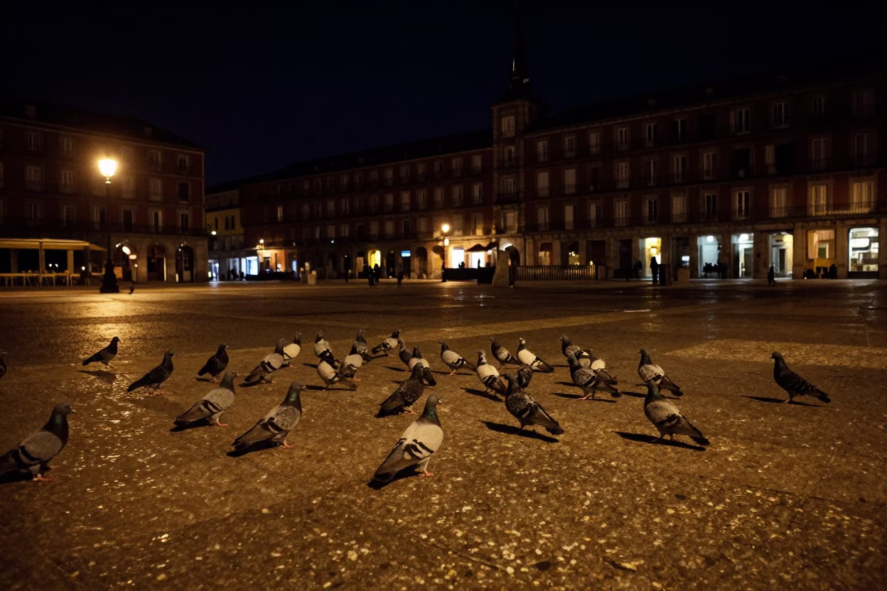 Madrid Night Street Scene With Pigeons Under Deep Dark Sky in in Madrid, Spain