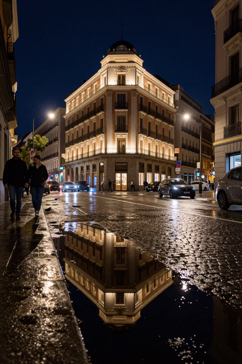 Madrid Night Street Scene with Puddle Reflections of Hotel Windows and Tail Lights in in Madrid, Spain