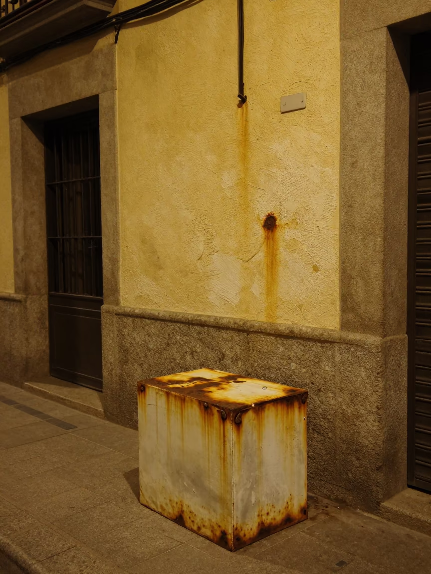 Madrid Night Street Scene with Shoebox and Rusty Plaster Wall in in Madrid, Spain