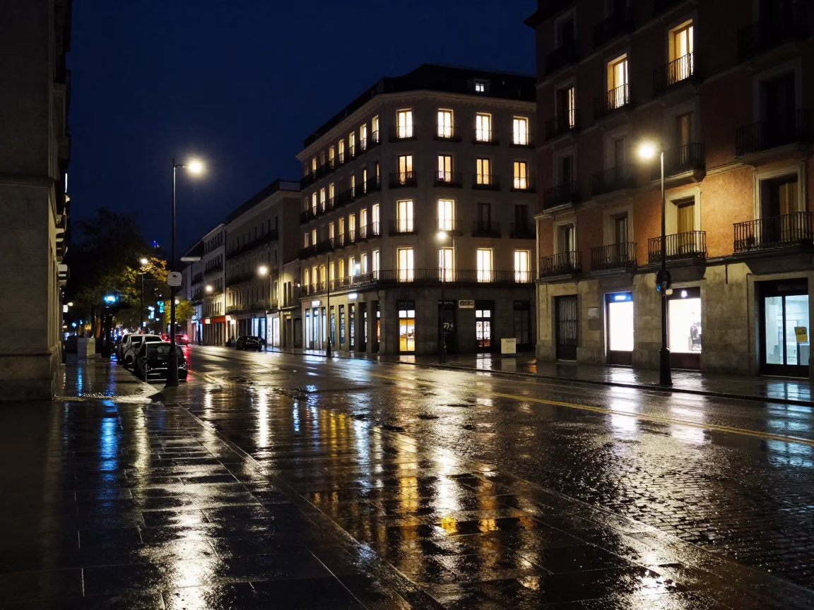 Madrid Night Street Scene with Wet Pavement Reflections and Neon Hotel Lights in in Madrid, Spain