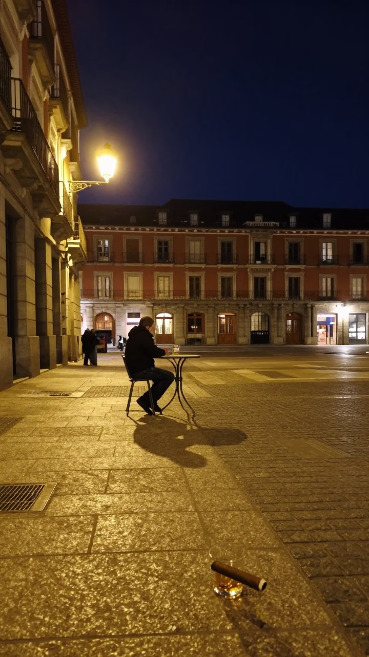 Madrid Night Street Scene with Whisky Tumbler and Cigar at Late Hour in in Madrid, Spain