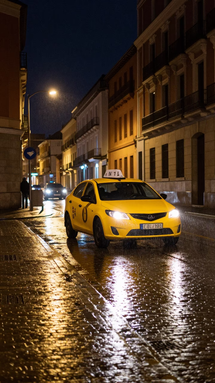 Madrid Night Street Scene with Yellow Taxi and Wet Pavement Reflections in in Madrid, Spain