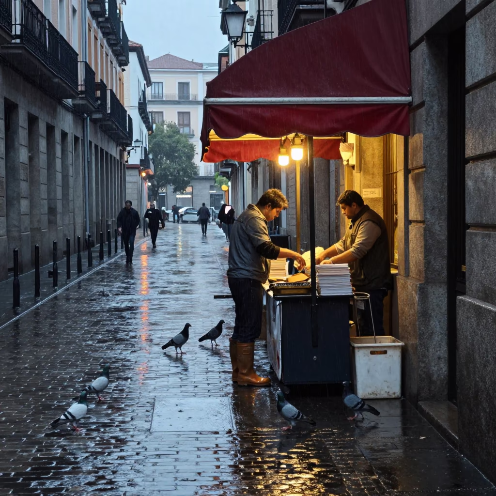 Madrid Pigeons at Dusk Light in in Madrid, Spain