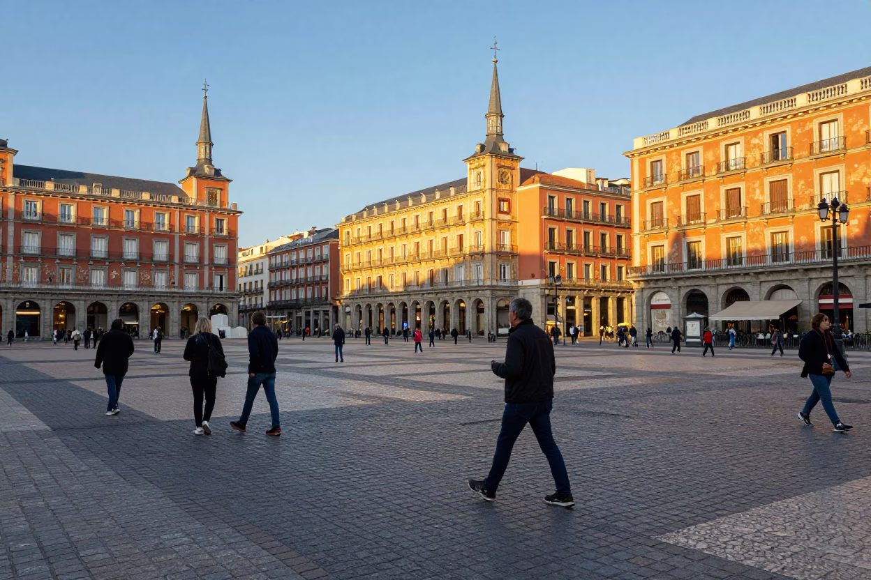 Madrid Plaza Scene at The Late Afternoon Light in in Madrid, Spain