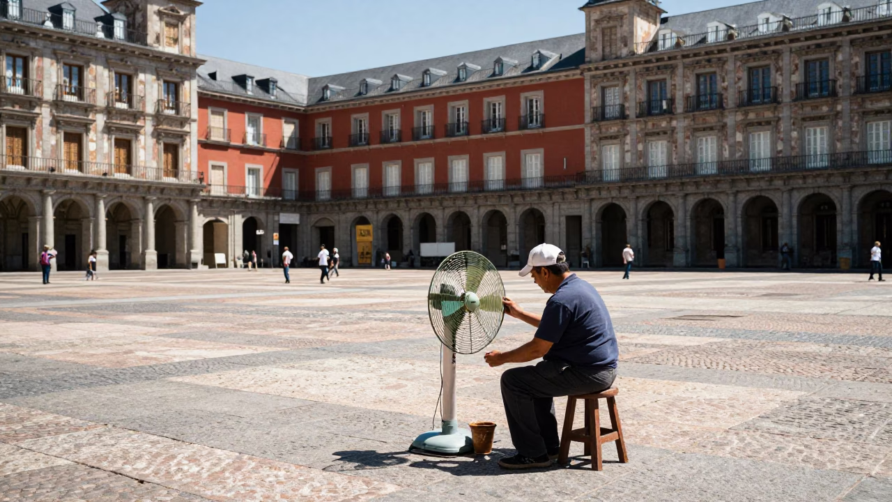 Madrid Plaza Scene With Vintage Fan And Stone Architecture in in Madrid, Spain