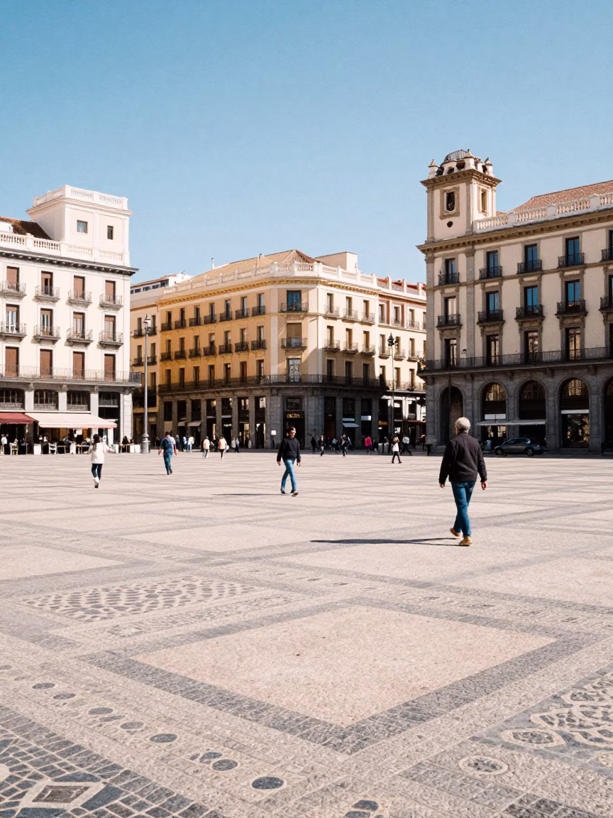 Madrid Plaza Square Bright Midmorning Light Urban Architecture and Street Life in in Madrid, Spain