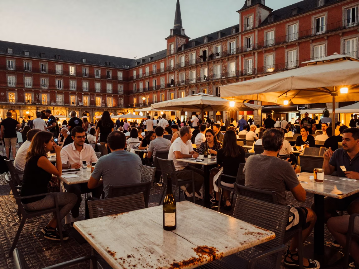 Madrid Plaza Terrace at Honeyed Evening Light in in Madrid, Spain