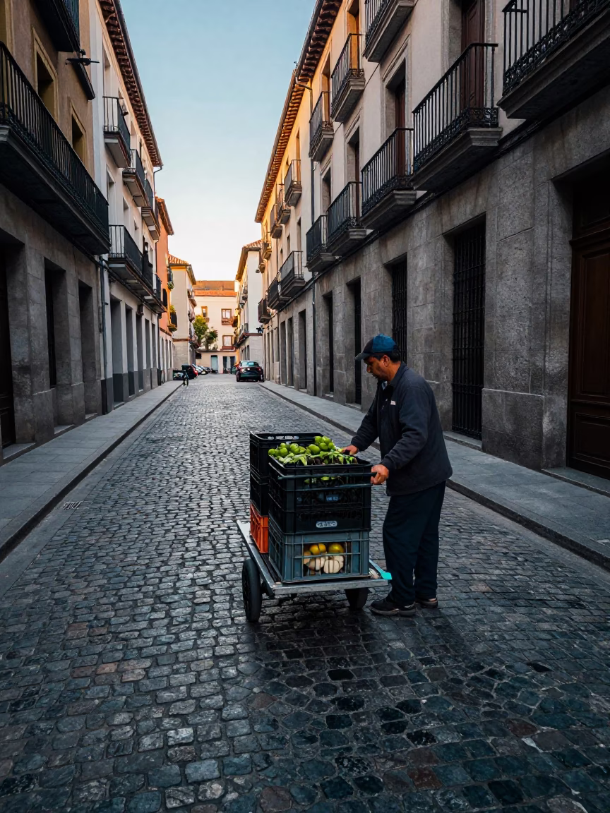 Madrid Rolling Cart at Early Morning Light in in Madrid, Spain
