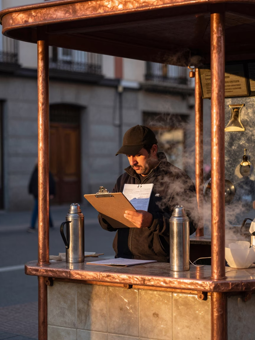 Madrid Spain Before Dusk Copper Light Street Scene with Clipboard and Steam in in Madrid, Spain