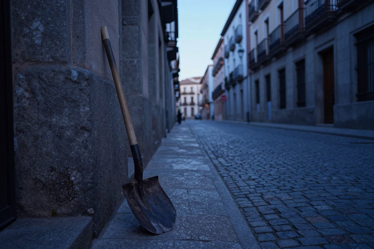 Madrid Spain Before Sunrise Cobblestone Street With Ash Shovel And Stone Basin in in Madrid, Spain