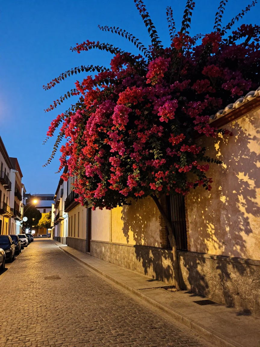 Madrid Spain Blue Hour Street Scene with Bougainvillea and Urban Life in in Madrid, Spain