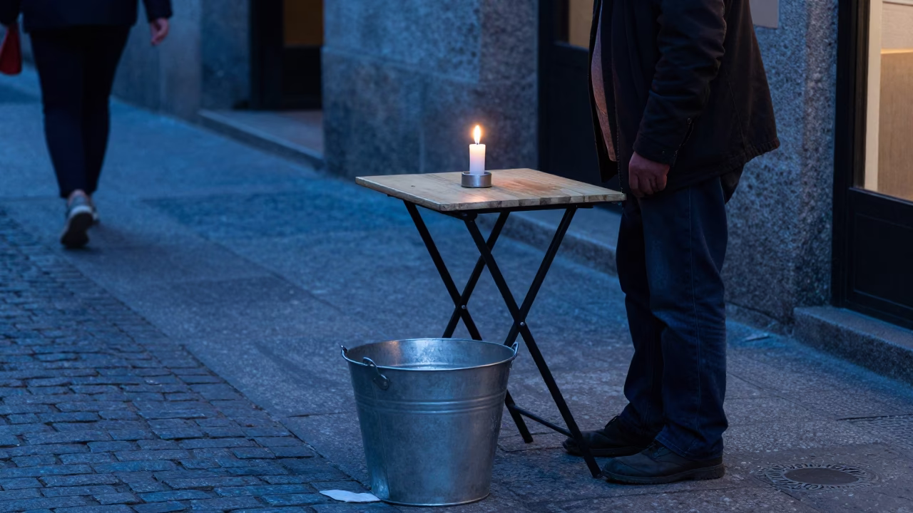 Madrid Spain Blue Hour Street Scene With Metal Bucket And Candle Snuffer in in Madrid, Spain