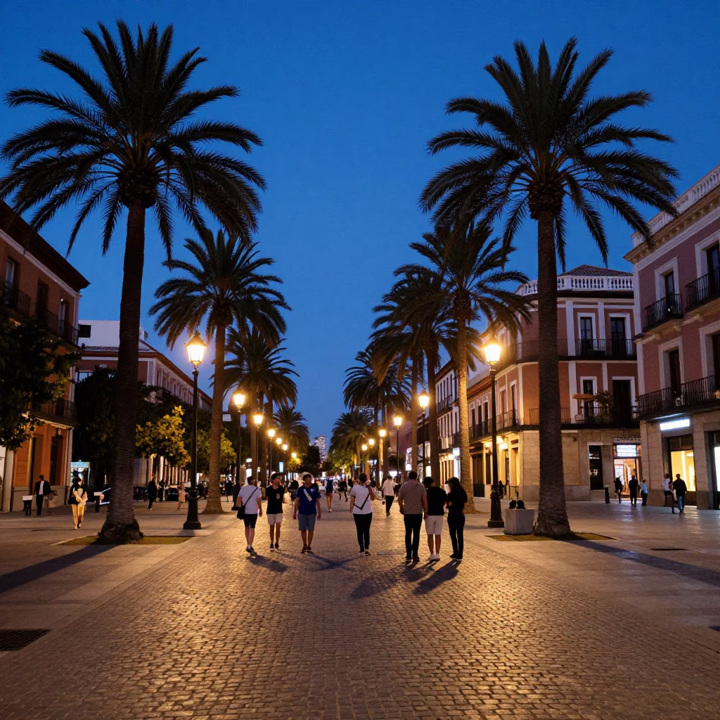 Madrid Spain Blue Hour Street Scene with Palm Tree Avenue and Cobblestone Plaza in in Madrid, Spain