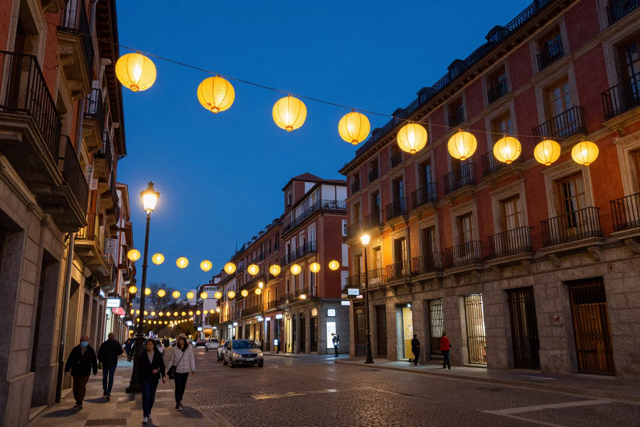 Madrid Spain Blue Hour Street Scene with Paper Lanterns and Historic Architecture in in Madrid, Spain