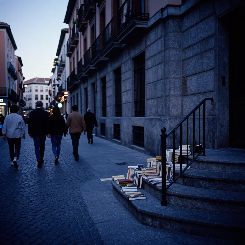 Madrid Spain Blue Hour Street Scene With Stair Rail And Paperbacks in in Madrid, Spain