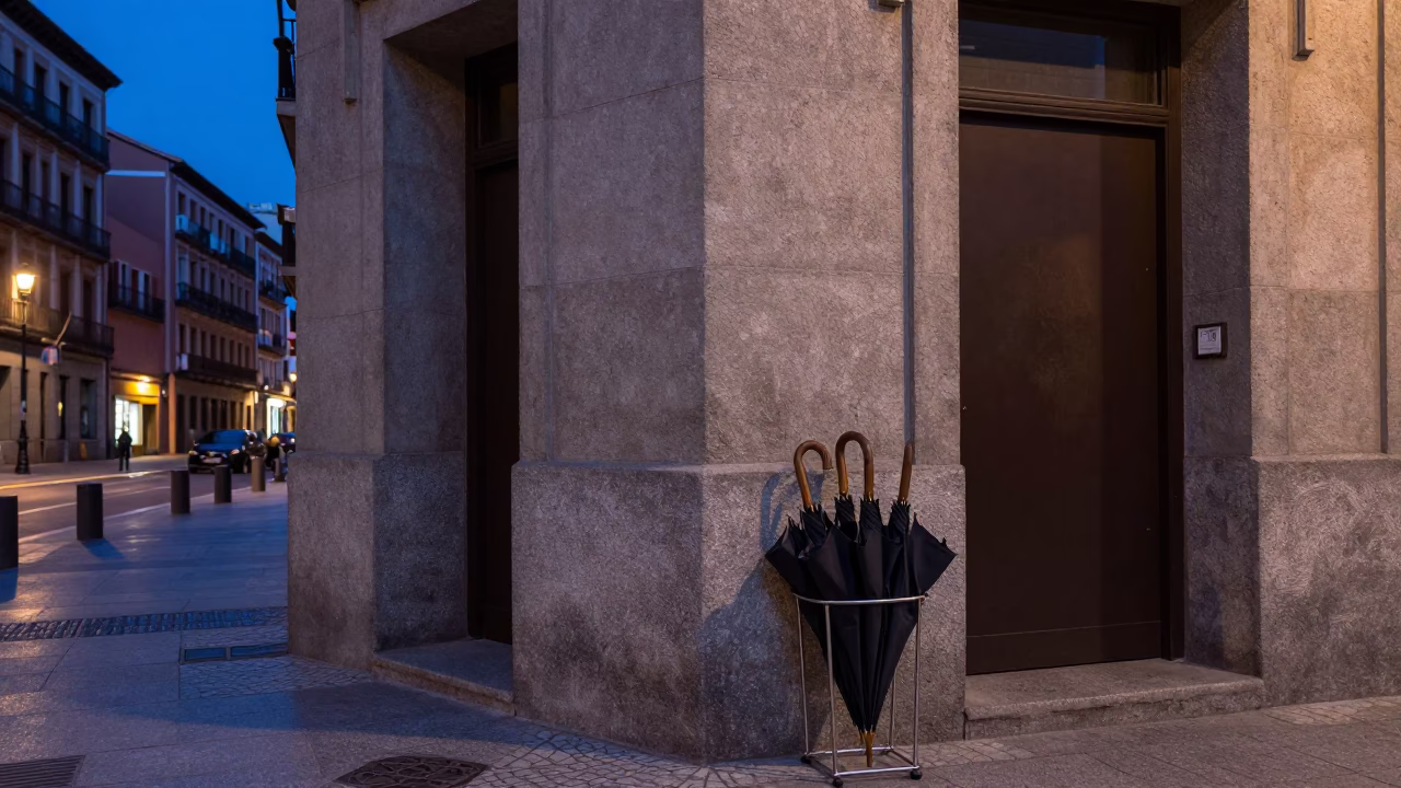 Madrid Spain Blue Hour Street Scene With Umbrella Stand And Concrete Architecture in in Madrid, Spain