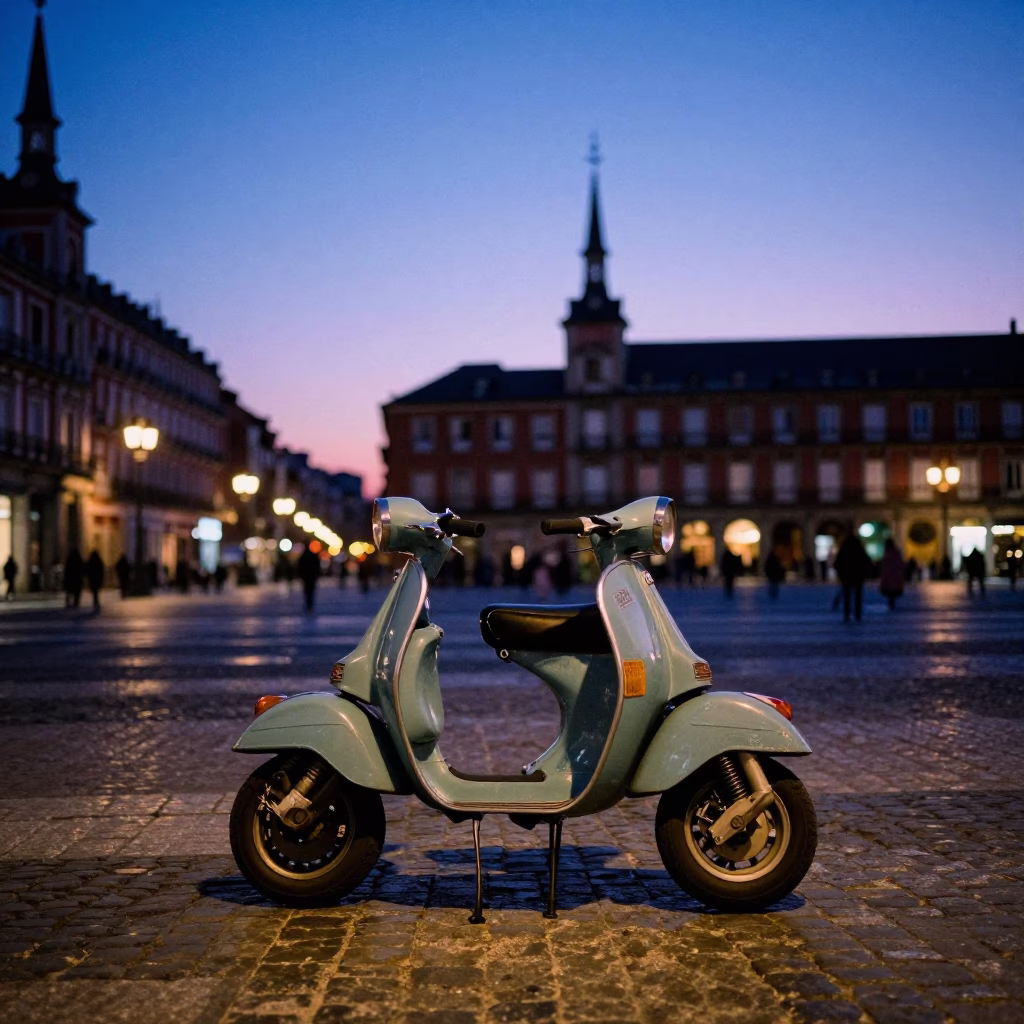 Madrid Spain Blue Hour Street Scene with Vintage Scooter and City Lights in in Madrid, Spain