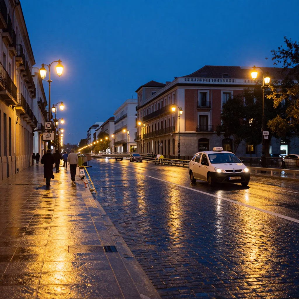 Madrid Spain Blue Hour Street Scene with Water Taxi and Bridge Maintenance Cradle in in Madrid, Spain