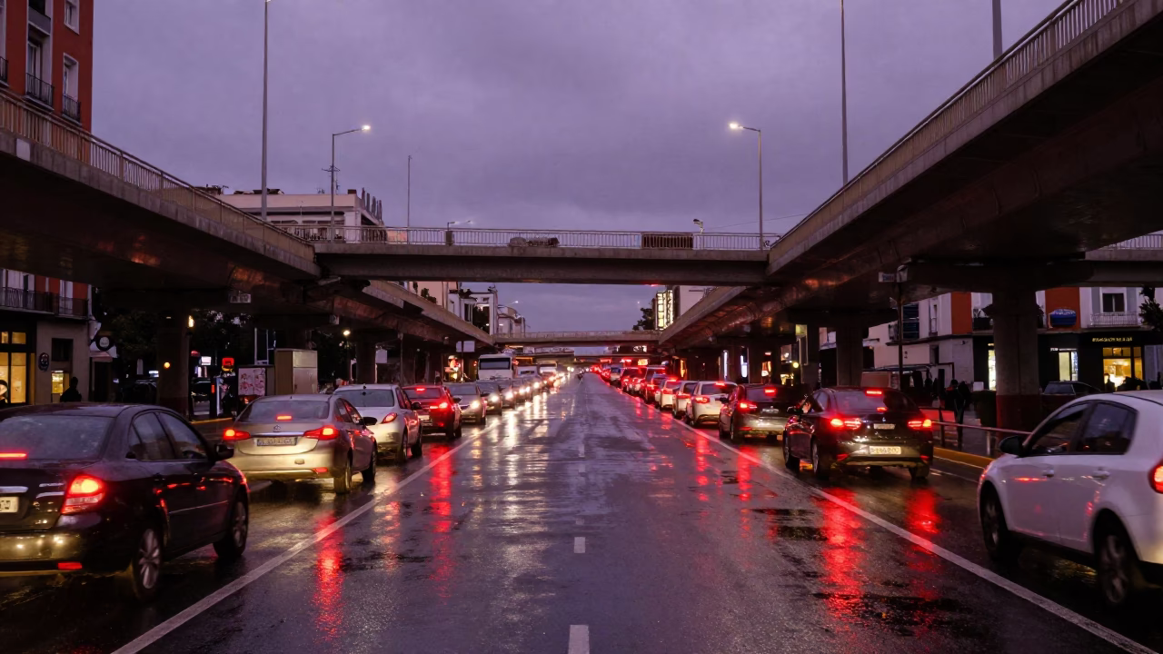 Madrid Spain Copper Dusk Overpass Interchange Taillights Rain Reflections in in Madrid, Spain