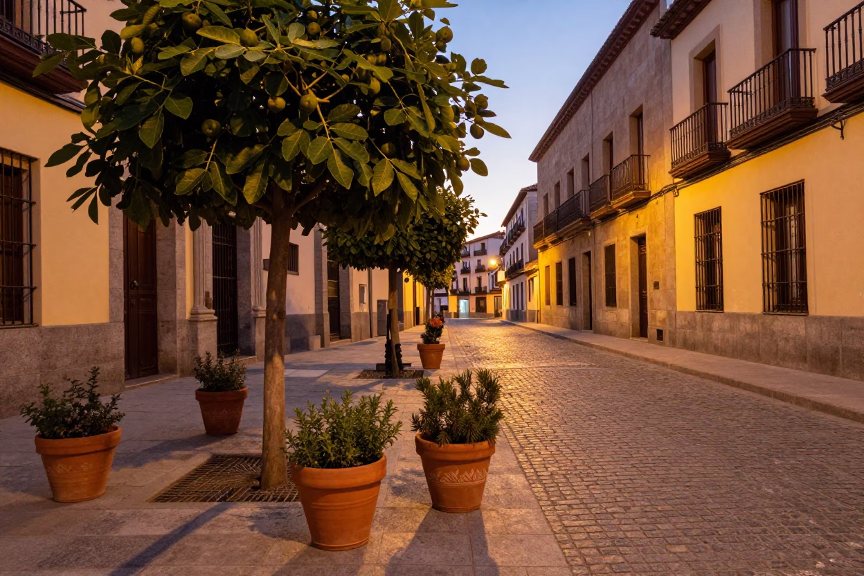 Madrid Spain Copper Dusk Street Scene with Figs and Clay Pots in in Madrid, Spain