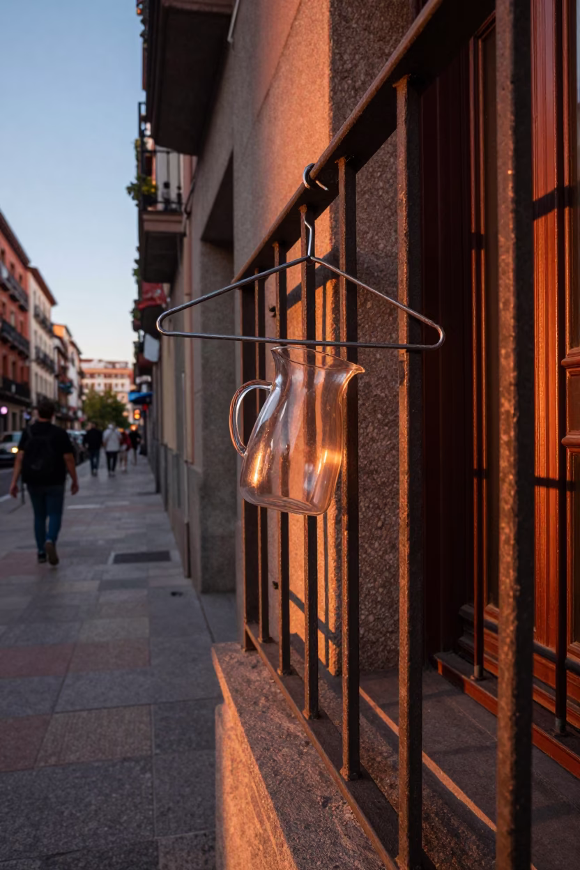 Madrid Spain Copper Dusk Street Scene with Shirt Hanger and Glass Pitcher Handle in in Madrid, Spain