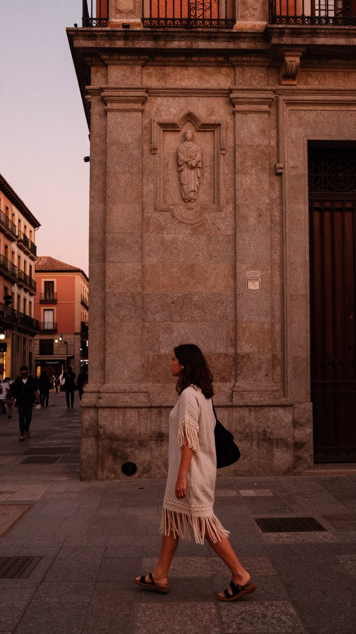Madrid Spain copper dusk street scene with traditional elements and urban life in in Madrid, Spain