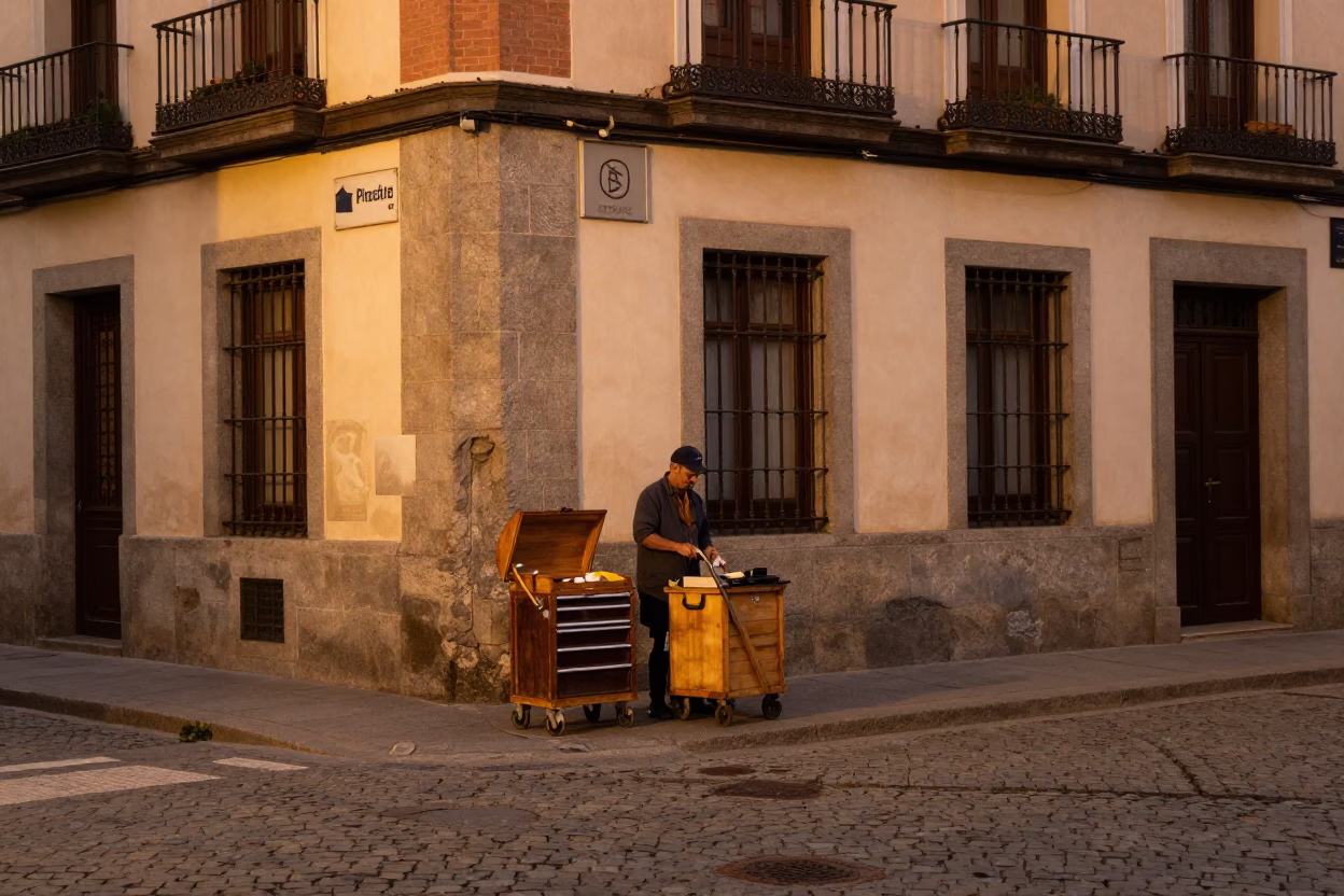 Madrid Spain copper dusk street scene with vintage tool caddies and urban life in in Madrid, Spain