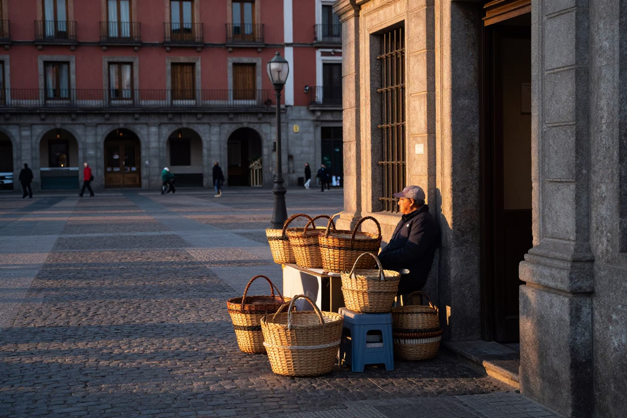 Madrid Spain Dawn Light Street Scene with Woven Baskets and Brass Details in in Madrid, Spain