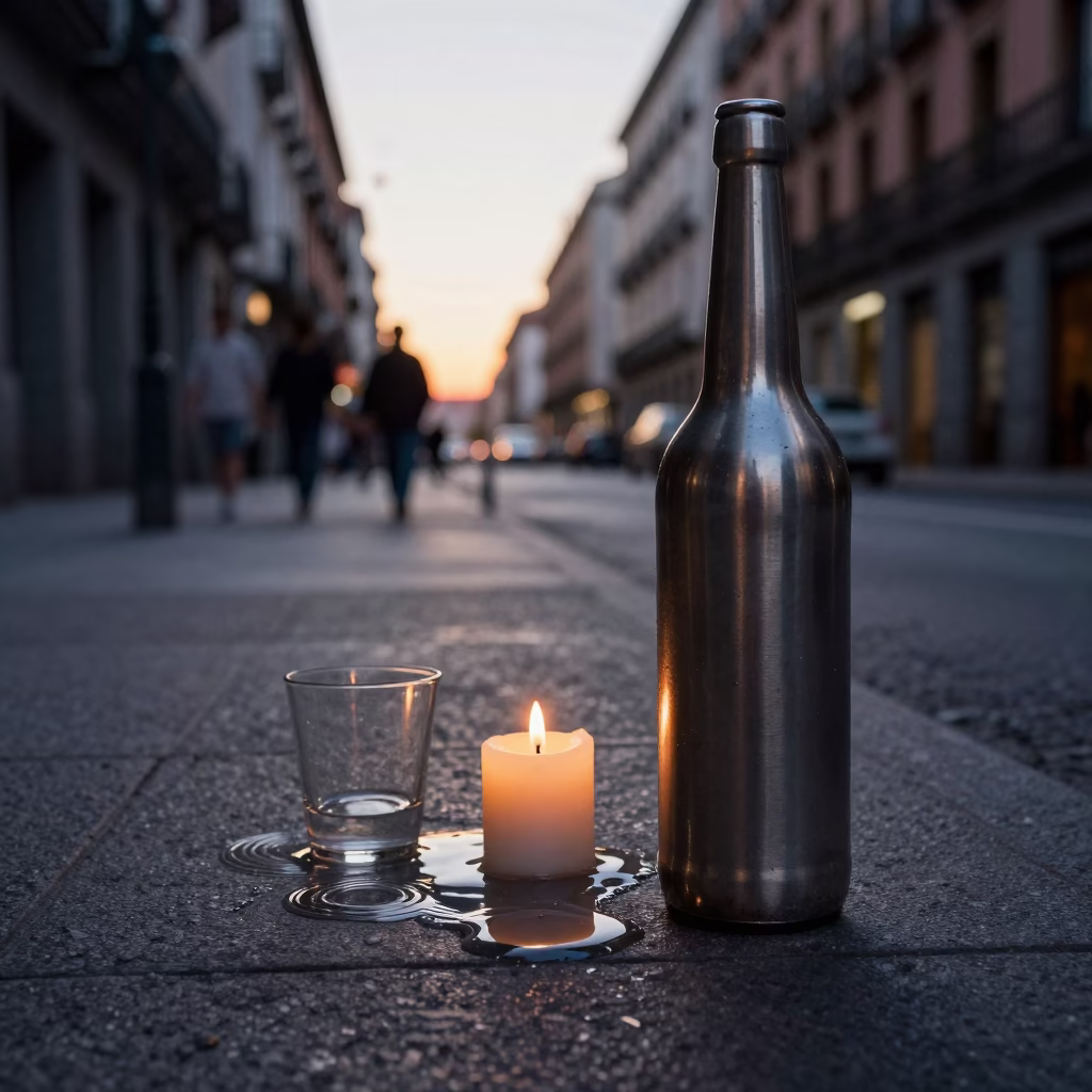 Madrid Spain Dawn Street Scene with Brushed Steel Bottle and Taper Candle on Tabletop in in Madrid, Spain