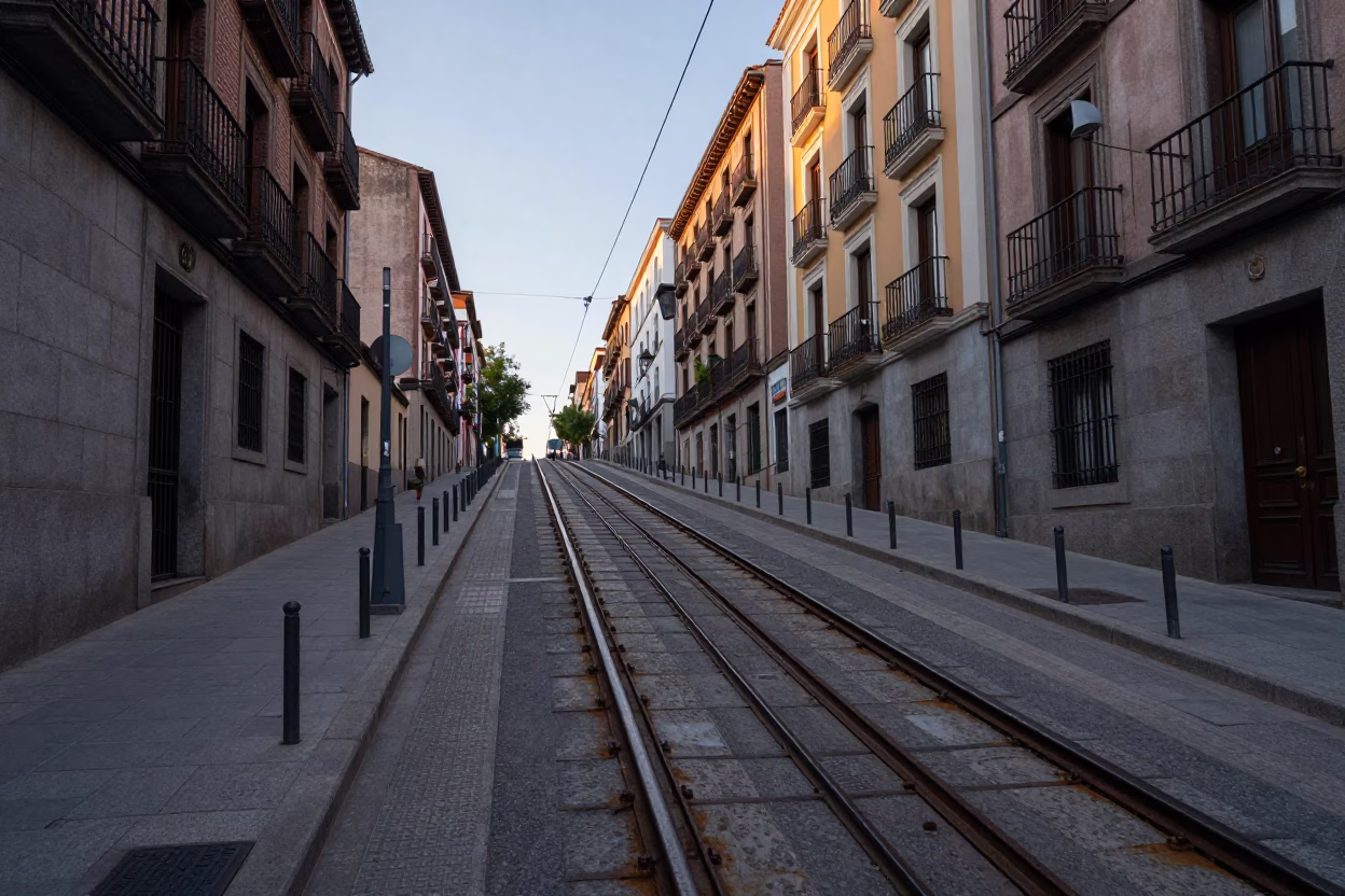 Madrid Spain Dawn Street Scene with Funicular and Urban Details in in Madrid, Spain