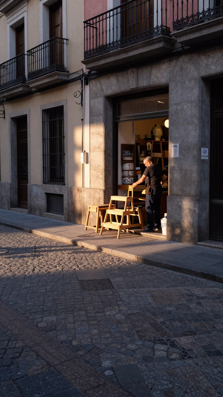 Madrid Spain Dawn Street Scene with Step Stools and Ceramic Plates in in Madrid, Spain