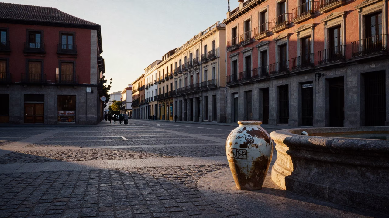 Madrid Spain dawn street scene with traditional ceramic jar and cobblestone plaza in in Madrid, Spain