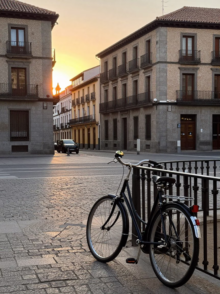 Madrid Spain Dawn Street Scene with Vintage 1960s Aesthetic and Local Details in in Madrid, Spain
