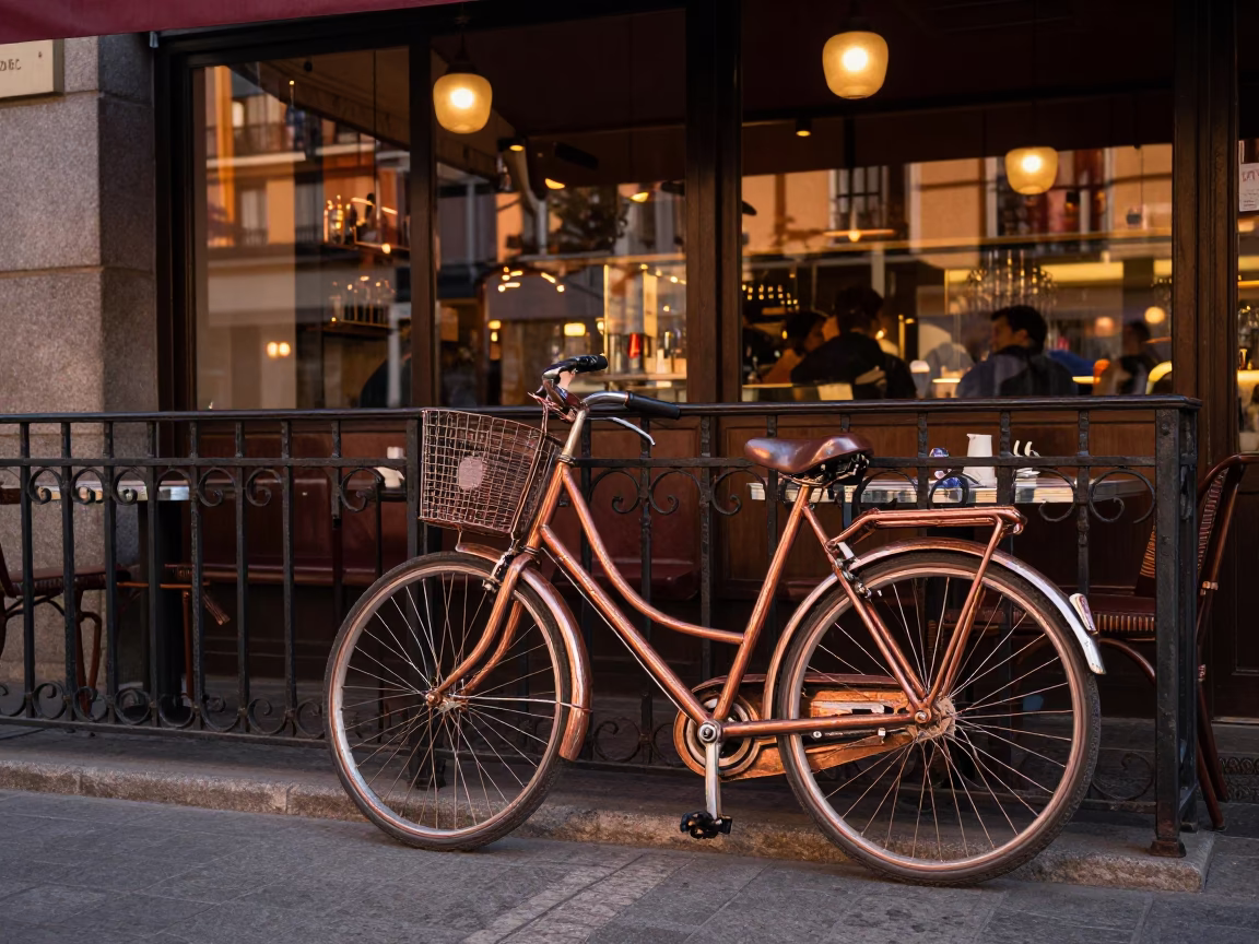 Madrid Spain Dusk Bicycle Cafe Scene Copper Light 1970s Realistic Photograph in in Madrid, Spain