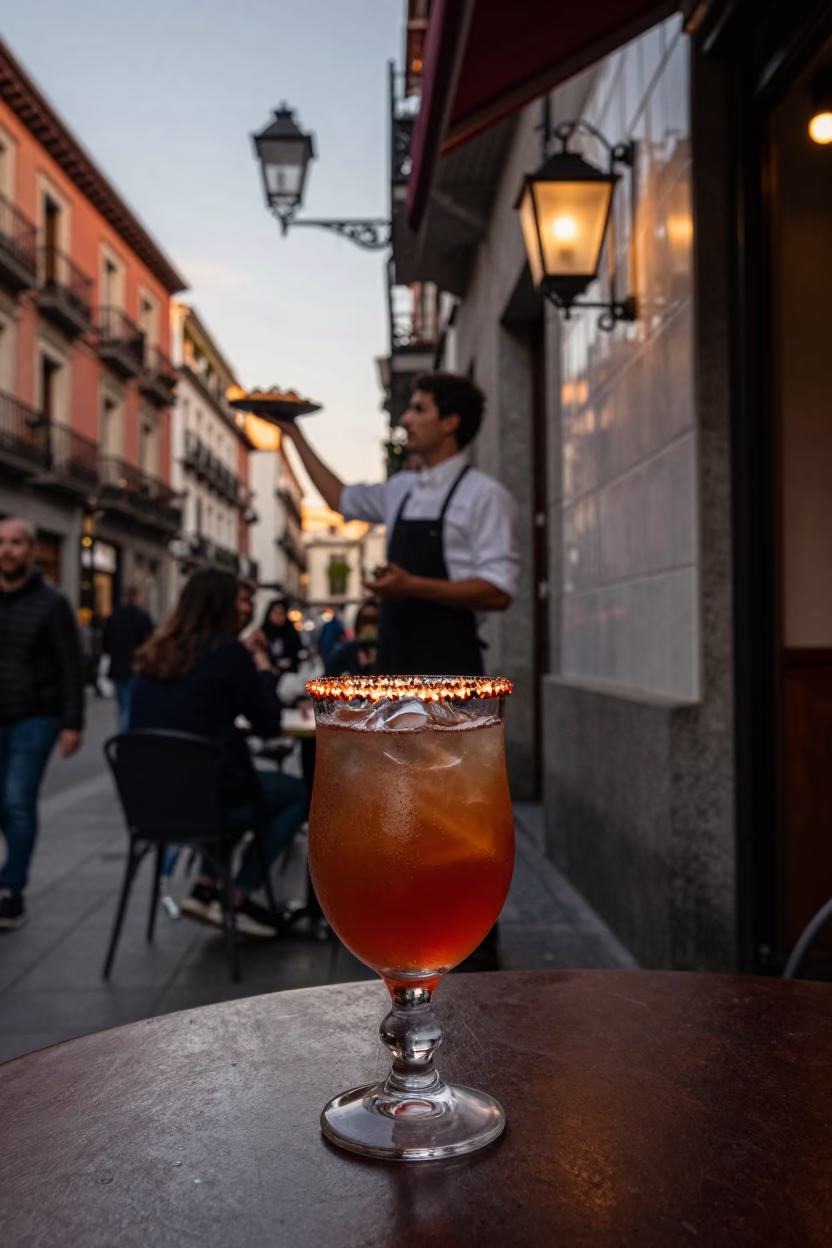 Madrid Spain dusk street scene with horchata drink and local cafe ambiance in in Madrid, Spain