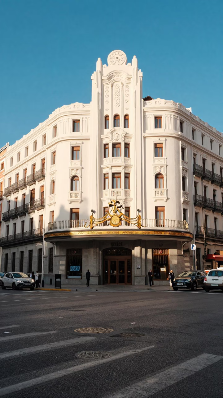 Madrid Spain Early Afternoon Street Scene with Art Deco Cinema Facade and Local Traffic in in Madrid, Spain
