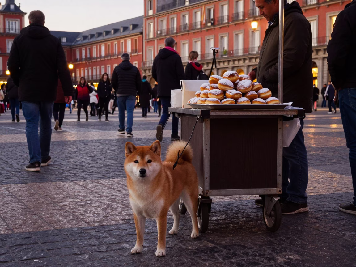 Madrid Spain Early Evening Busy Plaza Scene with Shiba Inu and Clear Glass Window in in Madrid, Spain