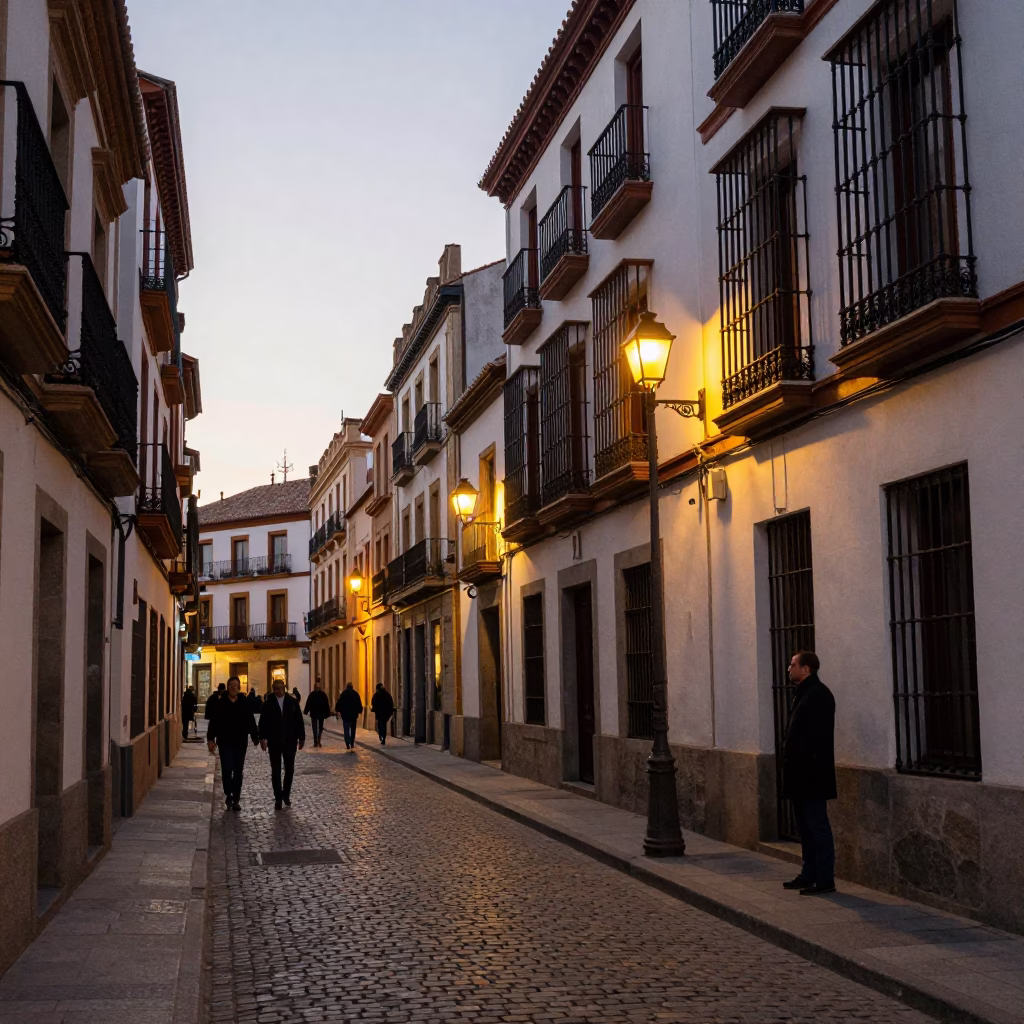Madrid Spain Early Evening Street Scene with Traditional Architecture and Local Life in in Madrid, Spain