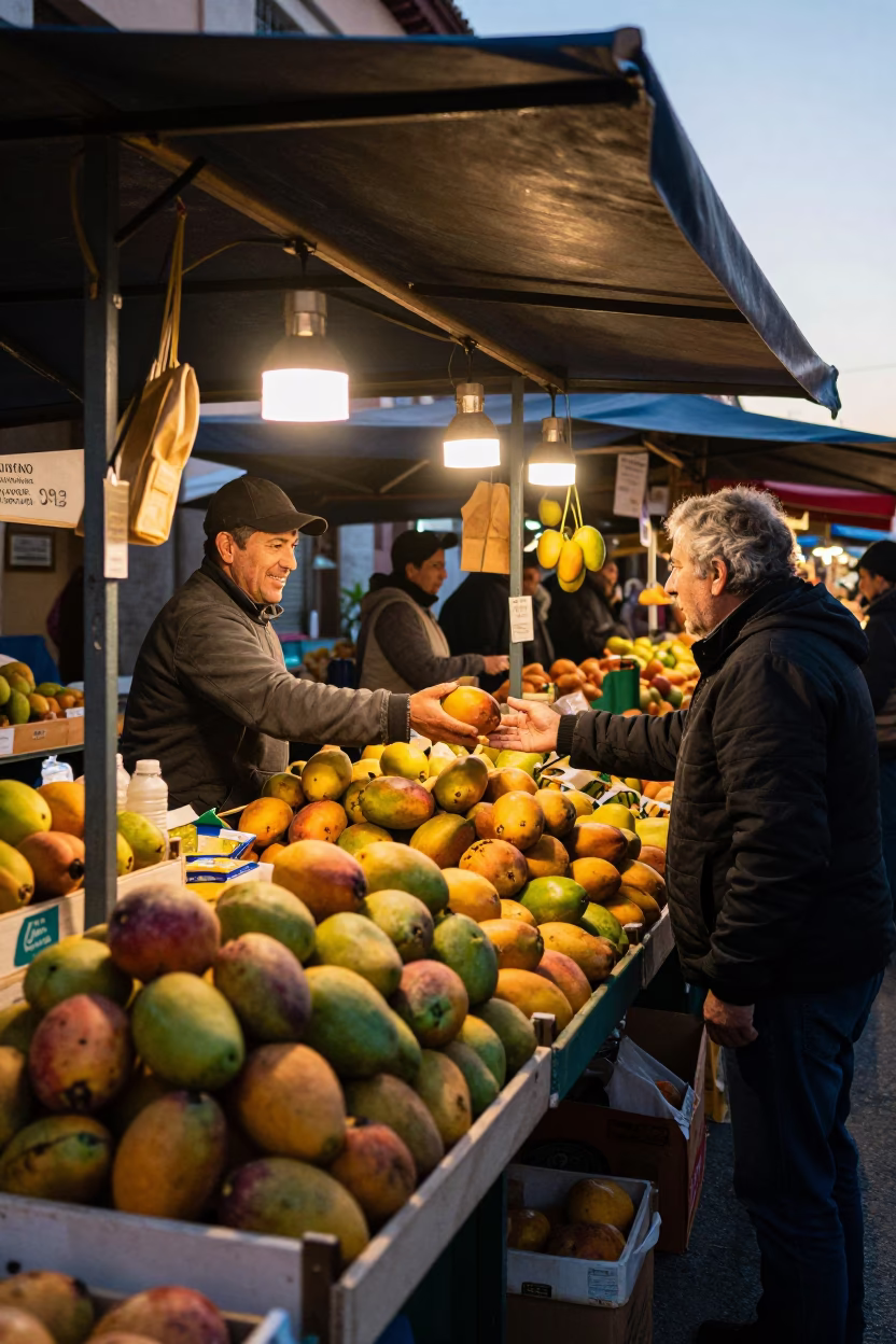 Madrid Spain Early Morning Market Stall with Mangoes and Local Interaction in in Madrid, Spain