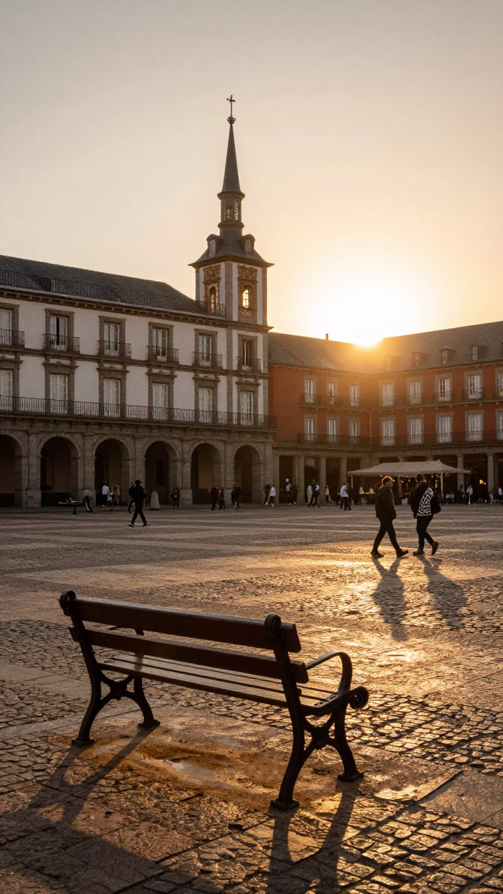 Madrid Spain Evening Light Historic Plaza Street Scene with Wooden Bench and Stone Architecture in in Madrid, Spain