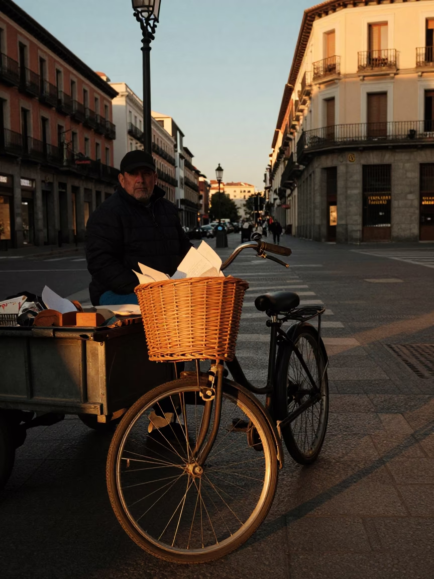 Madrid Spain Evening Street Scene with Bicycle Basket and Paper Fan in in Madrid, Spain