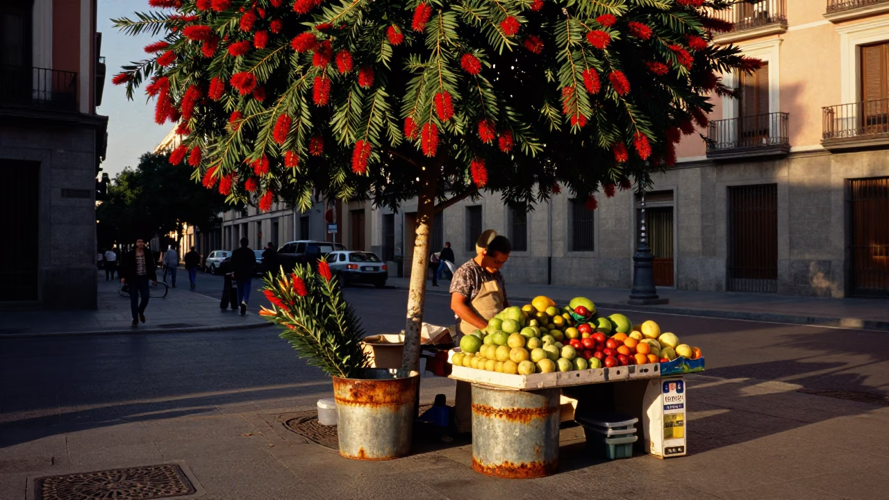 Madrid Spain Evening Street Scene with Bottle Brush and Rusty Bucket in in Madrid, Spain