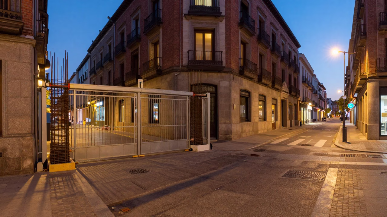 Madrid Spain Evening Street Scene with Construction Gate and Rebar Bundles at Dusk in in Madrid, Spain