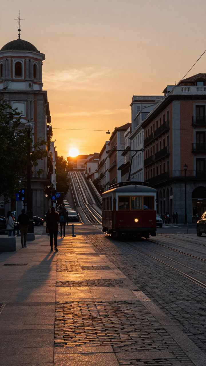 Madrid Spain Evening Street Scene with Funicular Railway and Historic Architecture in in Madrid, Spain