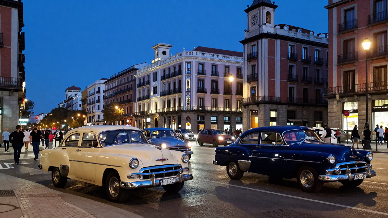 Madrid Spain Evening Street Scene with Vintage Cars and Pedestrians in Blue Hour Light in in Madrid, Spain
