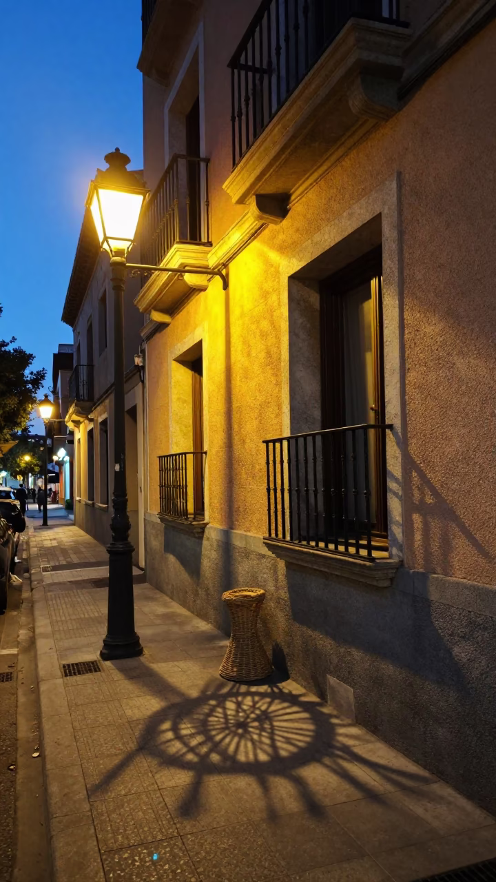 Madrid Spain Evening Street Scene with Wicker Lamp Shadow and Vintage Car Rally in in Madrid, Spain